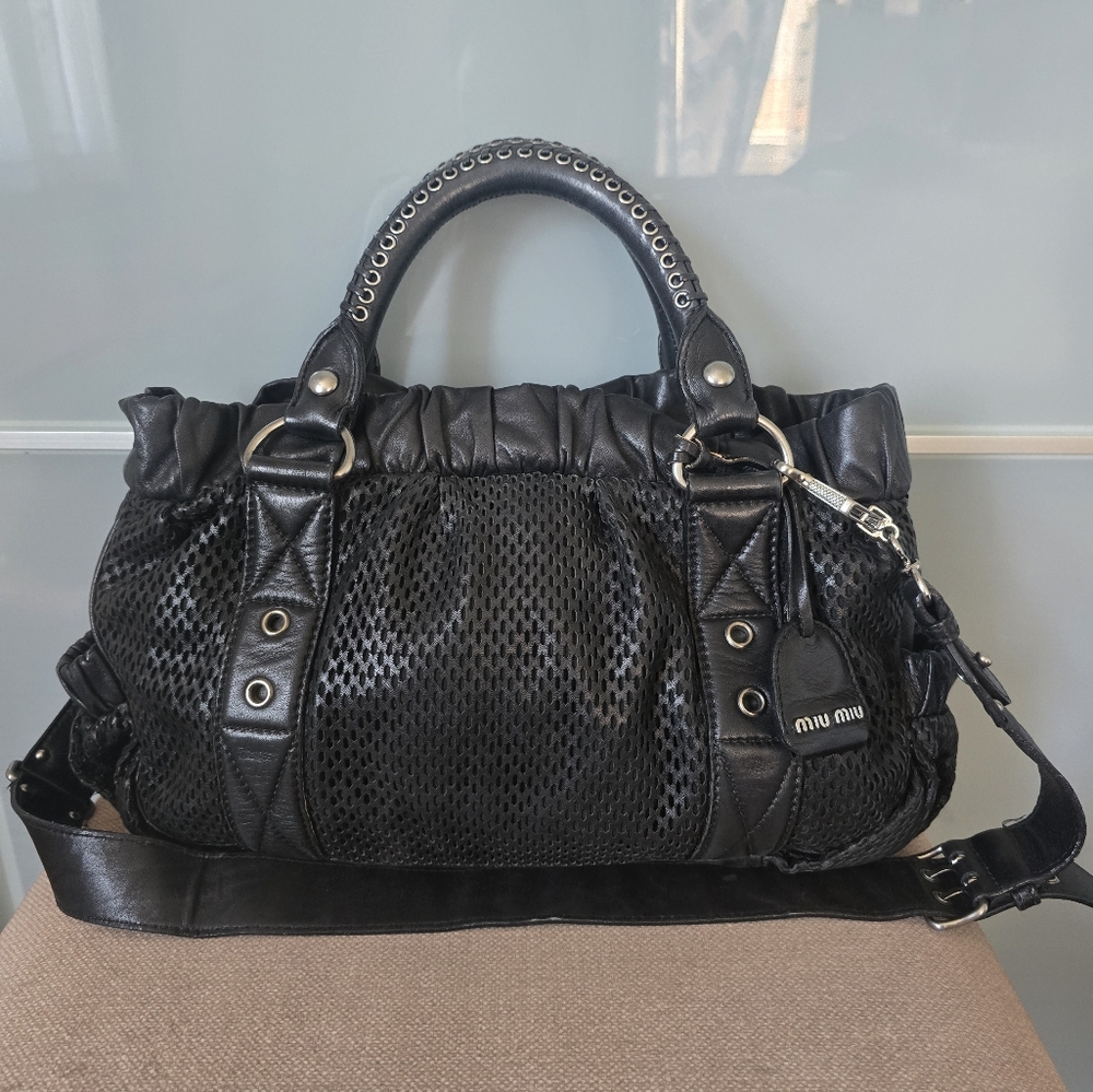 Miu Miu Netted Calfskin Leather Black Shoulder Hand Bag With Detachable Shoulder